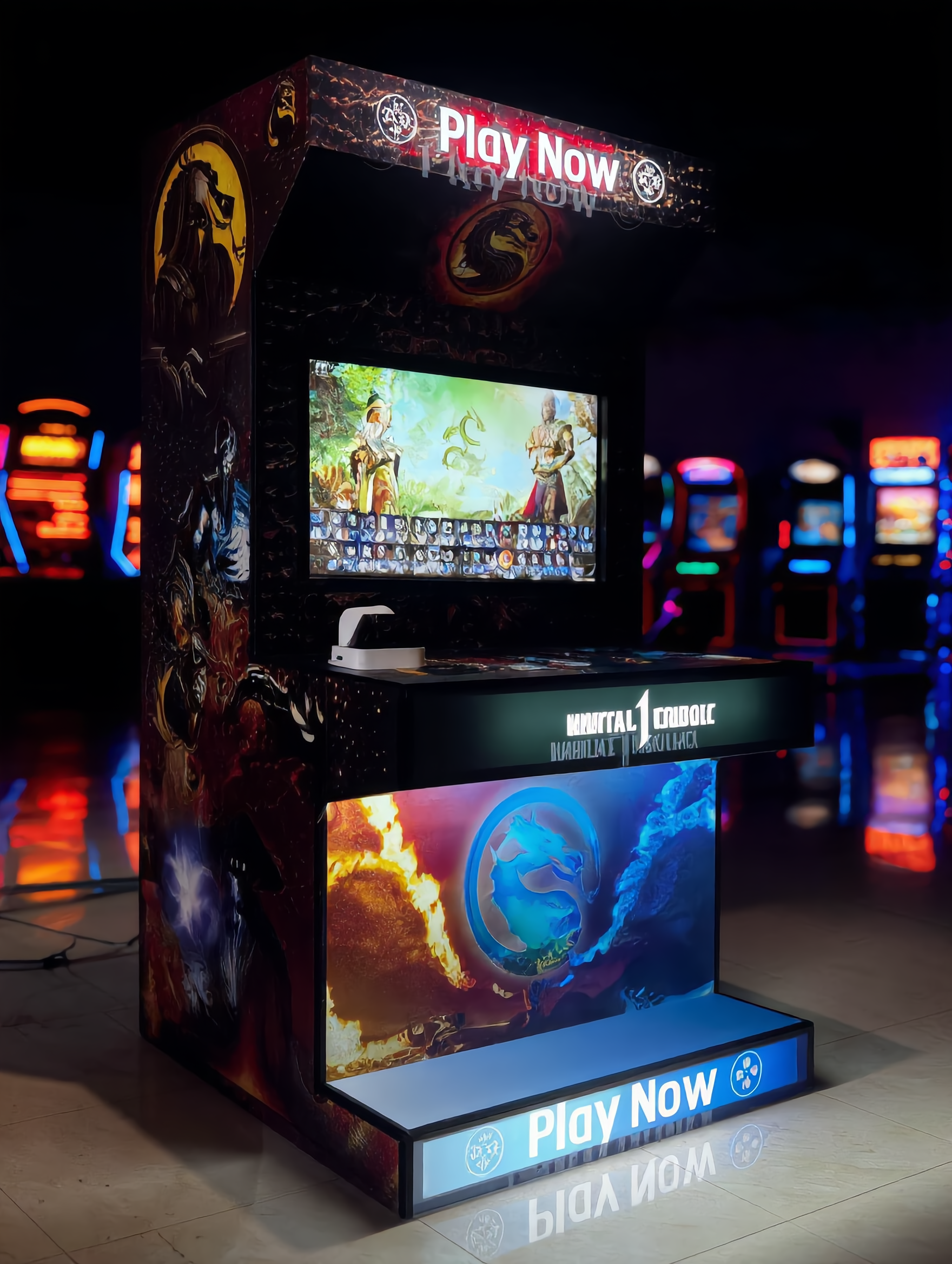 Игровой автомат Mortal Kombat для бизнеса — вид спереди в аркадном зале